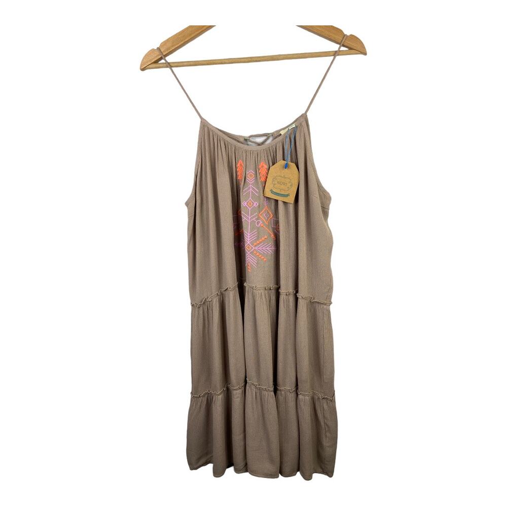 Kori America Womens Aztec Tribal Boho Tiered Embroidered Mini Dress Tan size M